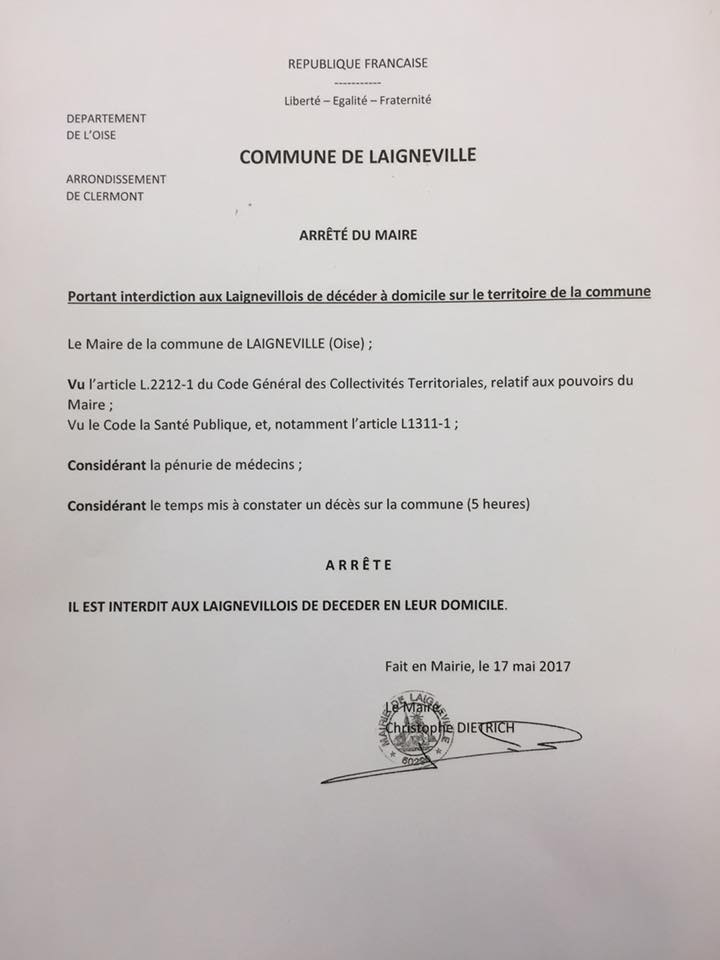 Interdiction de décéder à domicile (arrêté municipal)