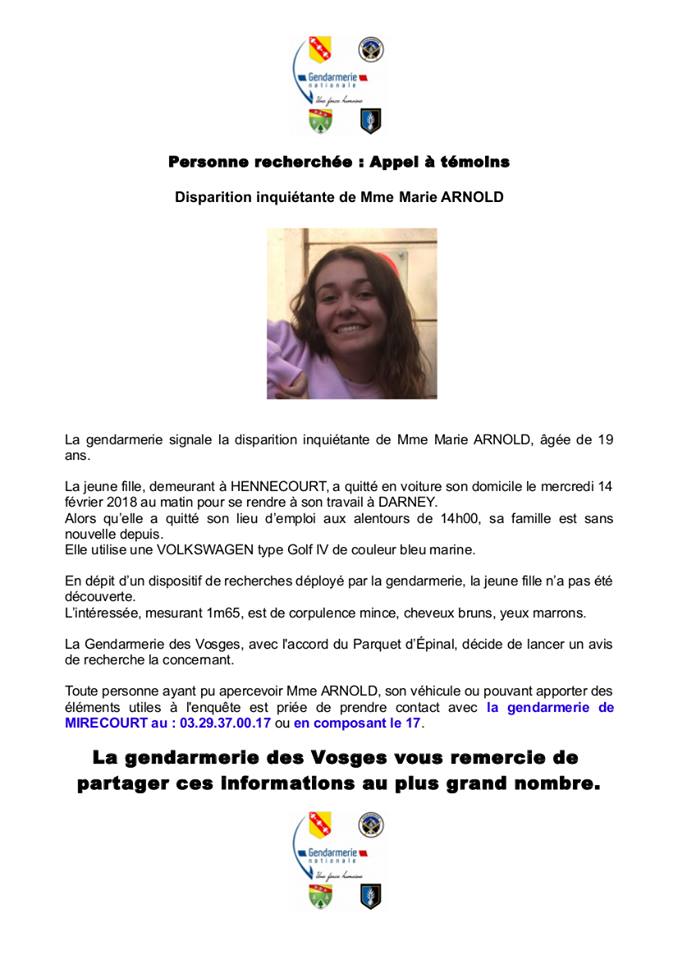 Vosges : le corps sans vie de Marie Arnold, disparue depuis mercredi, a été retrouvé